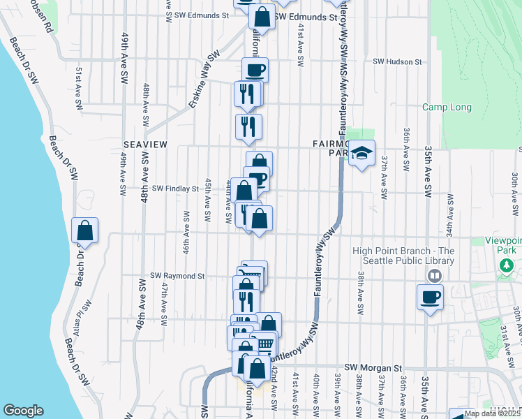map of restaurants, bars, coffee shops, grocery stores, and more near 5616 California Avenue Southwest in Seattle