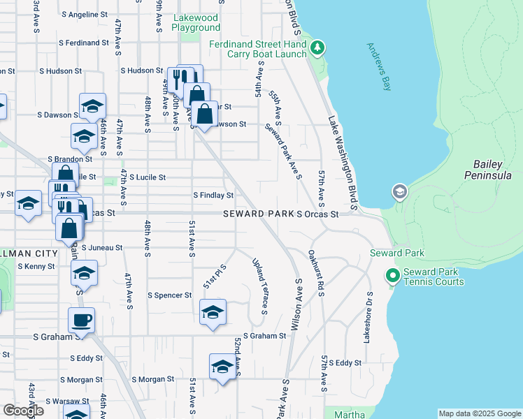 map of restaurants, bars, coffee shops, grocery stores, and more near 5404 South Orcas Street in Seattle