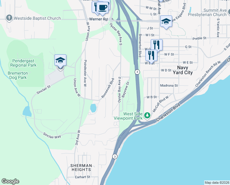 map of restaurants, bars, coffee shops, grocery stores, and more near 1328 Cottman Avenue in Bremerton