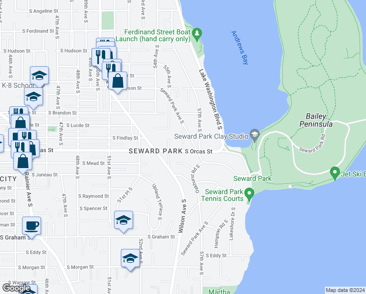 map of restaurants, bars, coffee shops, grocery stores, and more near 5530 South Orcas Street in Seattle