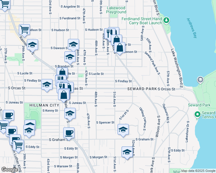 map of restaurants, bars, coffee shops, grocery stores, and more near 4838 South Orcas Street in Seattle