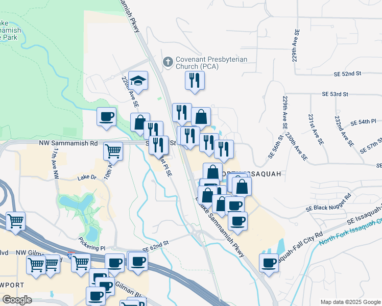 map of restaurants, bars, coffee shops, grocery stores, and more near 5614 East Lake Sammamish Parkway Southeast in Issaquah