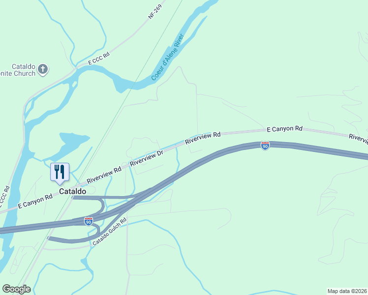map of restaurants, bars, coffee shops, grocery stores, and more near 40483 Riverview Drive in Cataldo