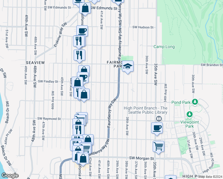 map of restaurants, bars, coffee shops, grocery stores, and more near 5620 40th Avenue Southwest in Seattle