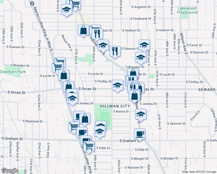 map of restaurants, bars, coffee shops, grocery stores, and more near 3948 South Orcas Street in Seattle
