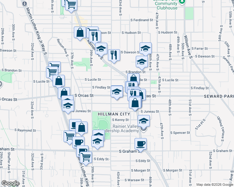 map of restaurants, bars, coffee shops, grocery stores, and more near 4216 South Orcas Street in Seattle