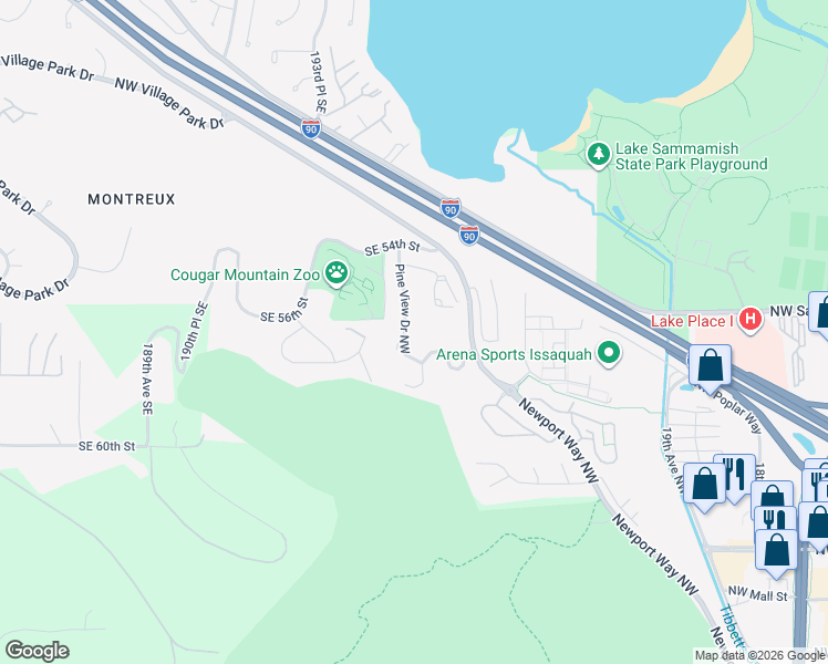 map of restaurants, bars, coffee shops, grocery stores, and more near 1630 Pine View Drive Northwest in Issaquah