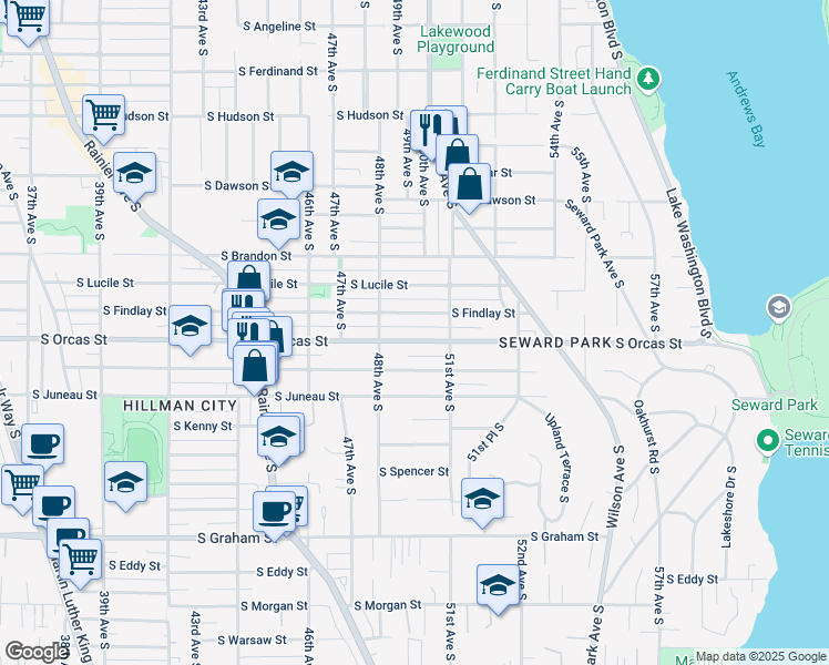map of restaurants, bars, coffee shops, grocery stores, and more near 4838 South Orcas Street in Seattle