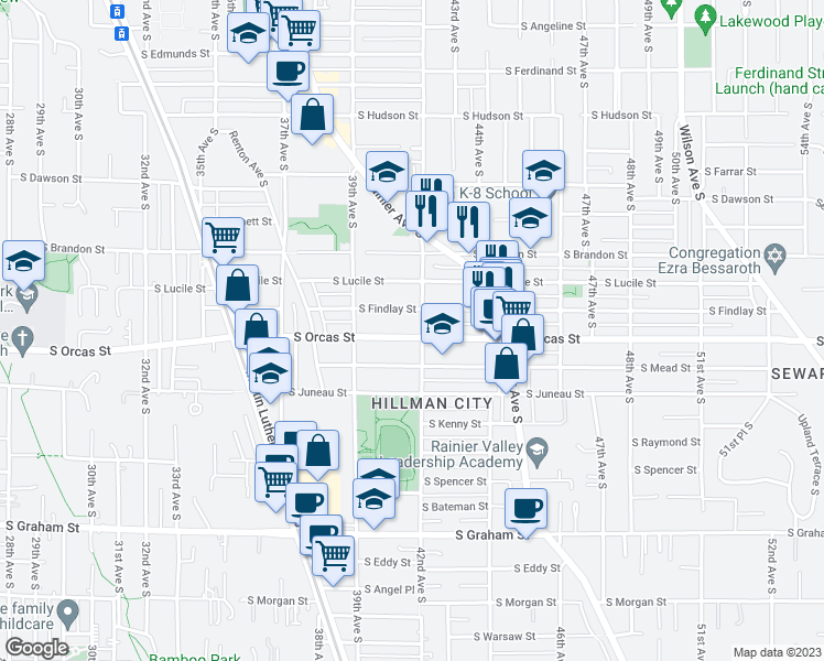 map of restaurants, bars, coffee shops, grocery stores, and more near 3948 South Orcas Street in Seattle