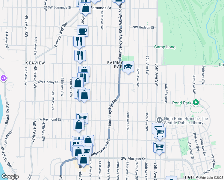 map of restaurants, bars, coffee shops, grocery stores, and more near 5617 Fauntleroy Way Southwest in Seattle