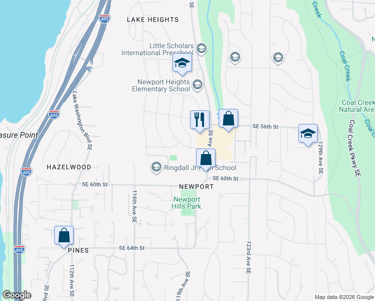 map of restaurants, bars, coffee shops, grocery stores, and more near 11719 Southeast 58th Street in Bellevue