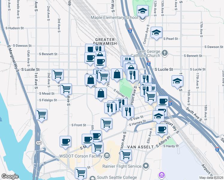 map of restaurants, bars, coffee shops, grocery stores, and more near 711 South Homer Street in Seattle