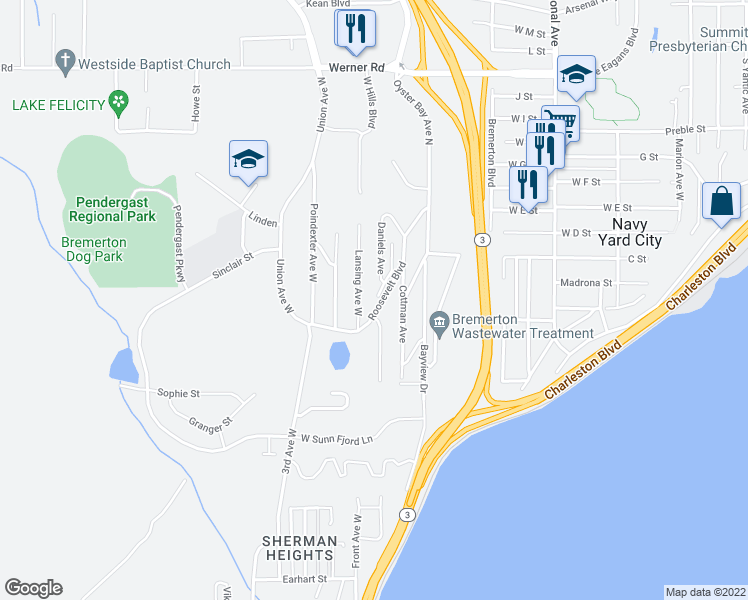 map of restaurants, bars, coffee shops, grocery stores, and more near 1311 Daniels Lane in Bremerton