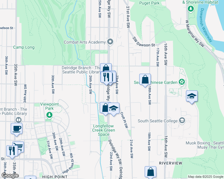 map of restaurants, bars, coffee shops, grocery stores, and more near 5608 Delridge Way Southwest in Seattle