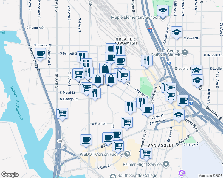 map of restaurants, bars, coffee shops, grocery stores, and more near 5700 6th Avenue South in Seattle