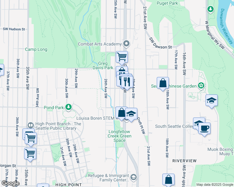 map of restaurants, bars, coffee shops, grocery stores, and more near 5612 25th Avenue Southwest in Seattle