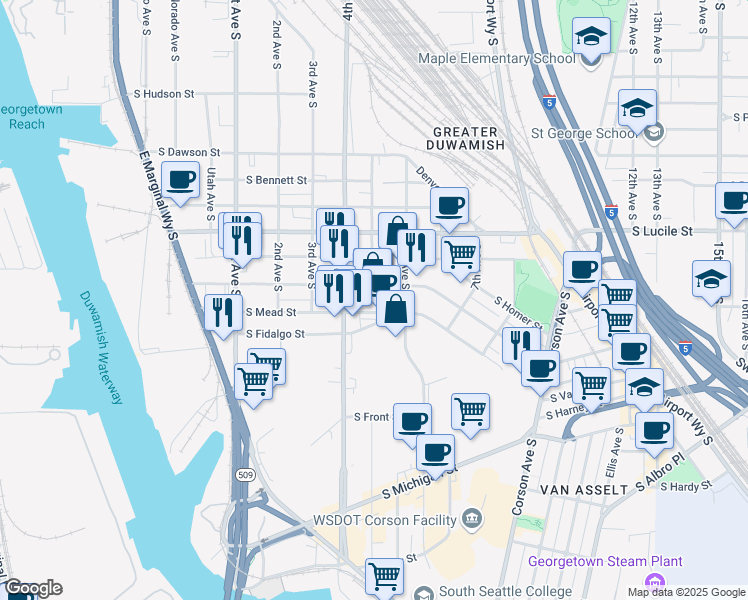 map of restaurants, bars, coffee shops, grocery stores, and more near 5701 6th Avenue South in Seattle