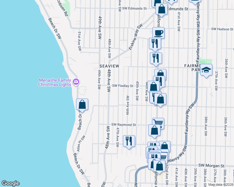 map of restaurants, bars, coffee shops, grocery stores, and more near 5623 47th Avenue Southwest in Seattle
