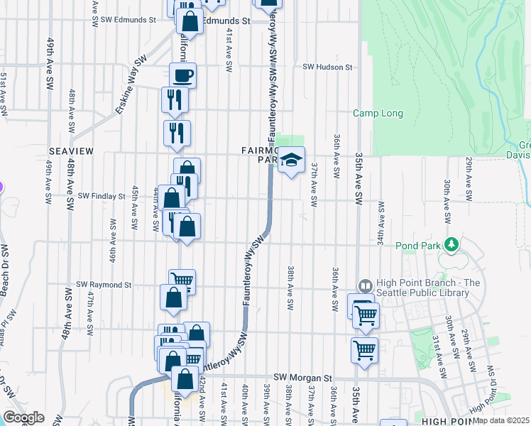 map of restaurants, bars, coffee shops, grocery stores, and more near 5617 Fauntleroy Way Southwest in Seattle