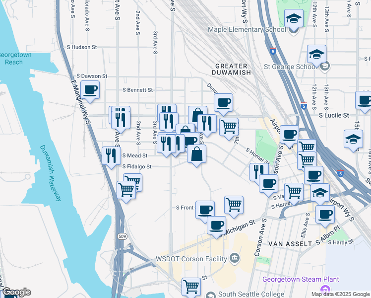 map of restaurants, bars, coffee shops, grocery stores, and more near 5701 6th Avenue South in Seattle