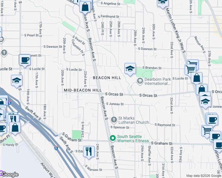 map of restaurants, bars, coffee shops, grocery stores, and more near 5479 25th Avenue South in Seattle