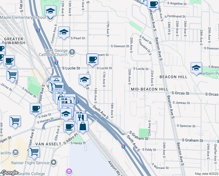 map of restaurants, bars, coffee shops, grocery stores, and more near 5567 18th Avenue South in Seattle