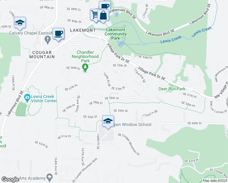 map of restaurants, bars, coffee shops, grocery stores, and more near 16950 Southeast 58th Street in Bellevue