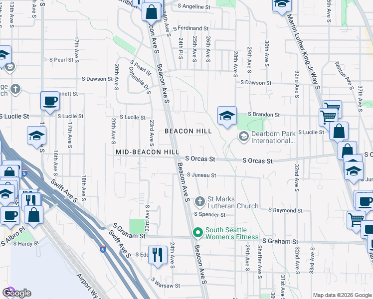 map of restaurants, bars, coffee shops, grocery stores, and more near 5479 25th Avenue South in Seattle
