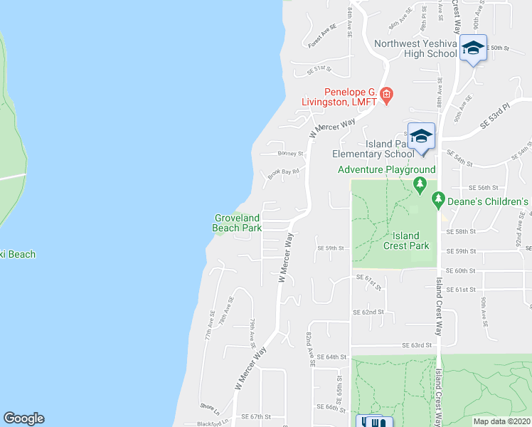 map of restaurants, bars, coffee shops, grocery stores, and more near 5700 80th Avenue Southeast in Mercer Island