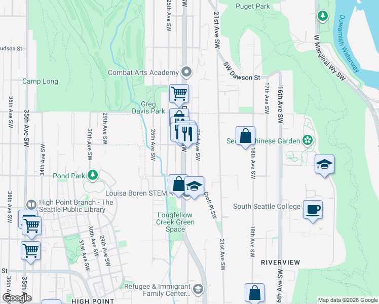 map of restaurants, bars, coffee shops, grocery stores, and more near 5608 Delridge Way Southwest in Seattle