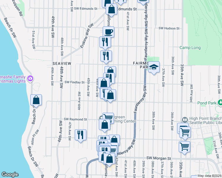map of restaurants, bars, coffee shops, grocery stores, and more near 5616 California Avenue Southwest in Seattle