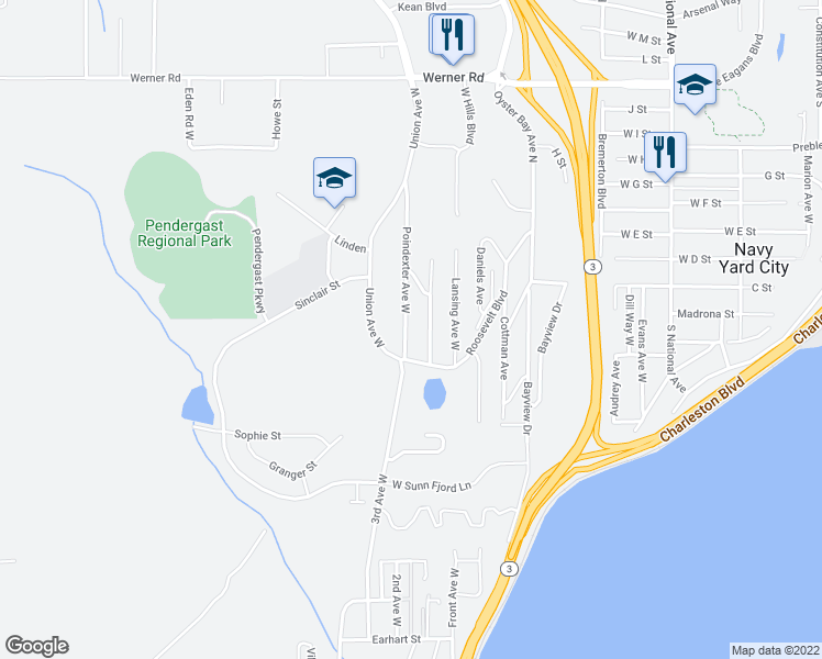 map of restaurants, bars, coffee shops, grocery stores, and more near 1306 Poindexter Avenue West in Bremerton