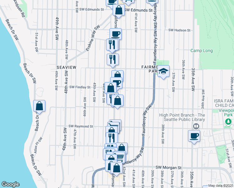 map of restaurants, bars, coffee shops, grocery stores, and more near 5616 California Avenue Southwest in Seattle