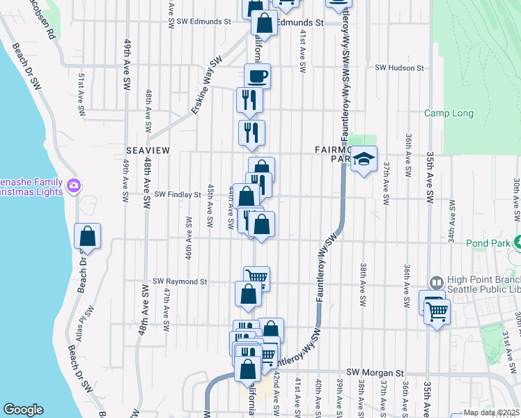map of restaurants, bars, coffee shops, grocery stores, and more near 5616 California Avenue Southwest in Seattle