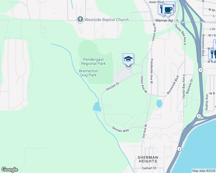 map of restaurants, bars, coffee shops, grocery stores, and more near 5255 Sinclair Way in Bremerton