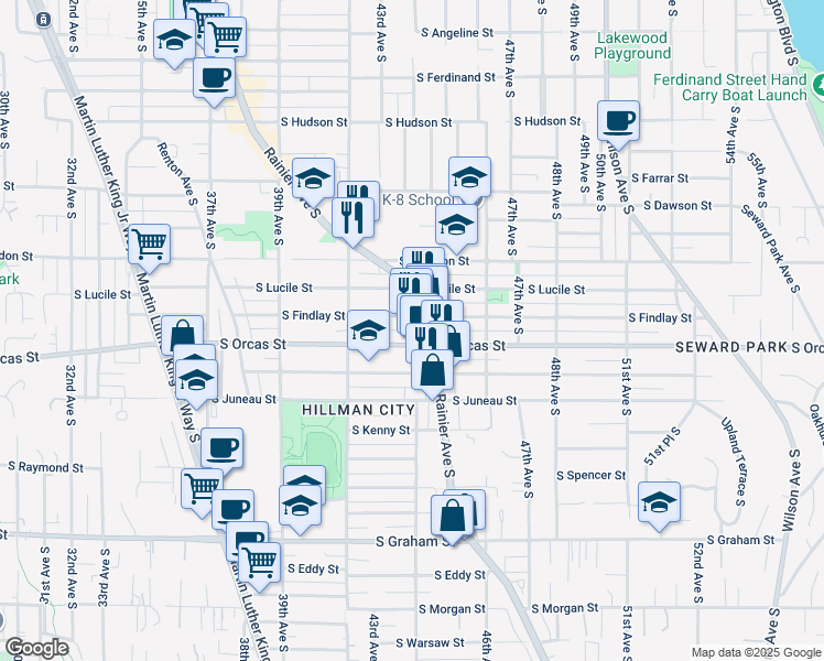 map of restaurants, bars, coffee shops, grocery stores, and more near 5609 Rainier Avenue South in Seattle
