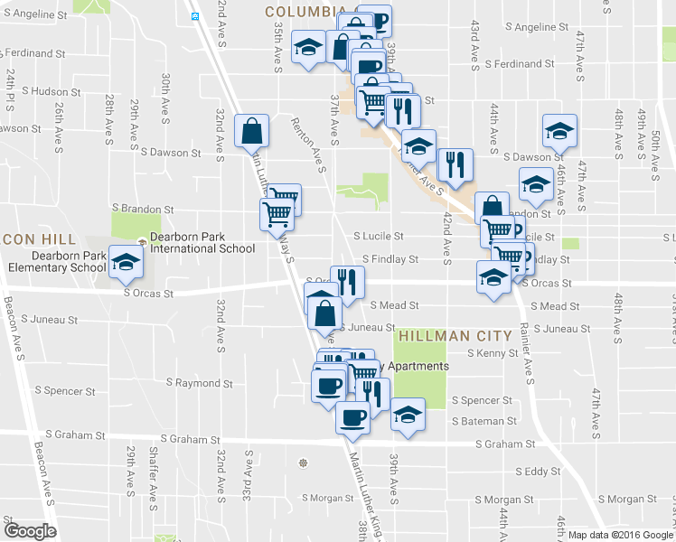 map of restaurants, bars, coffee shops, grocery stores, and more near 5610 37th Avenue South in Seattle