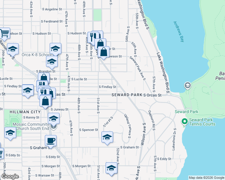 map of restaurants, bars, coffee shops, grocery stores, and more near 5149 South Findlay Street in Seattle