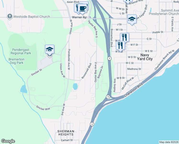 map of restaurants, bars, coffee shops, grocery stores, and more near 1321 Cottman Avenue in Bremerton
