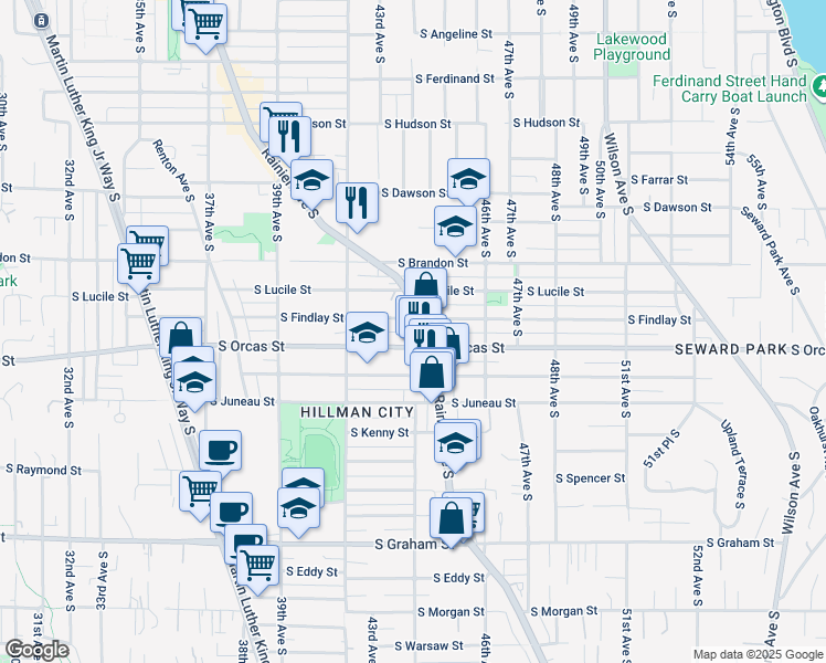 map of restaurants, bars, coffee shops, grocery stores, and more near 5609 Rainier Avenue South in Seattle