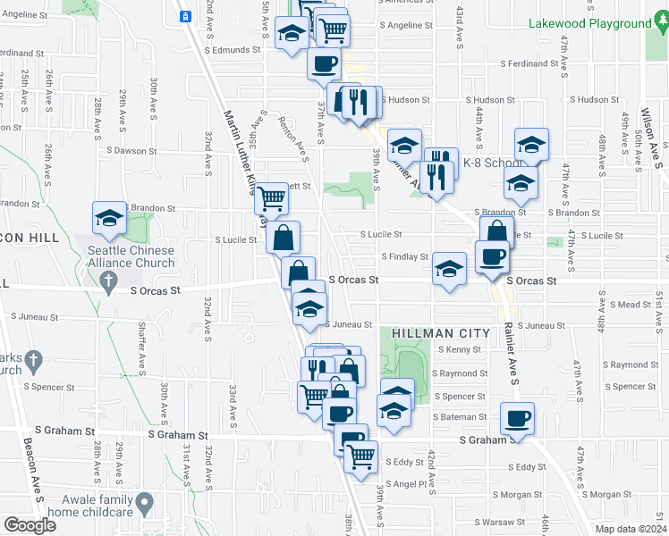 map of restaurants, bars, coffee shops, grocery stores, and more near 5610 37th Avenue South in Seattle