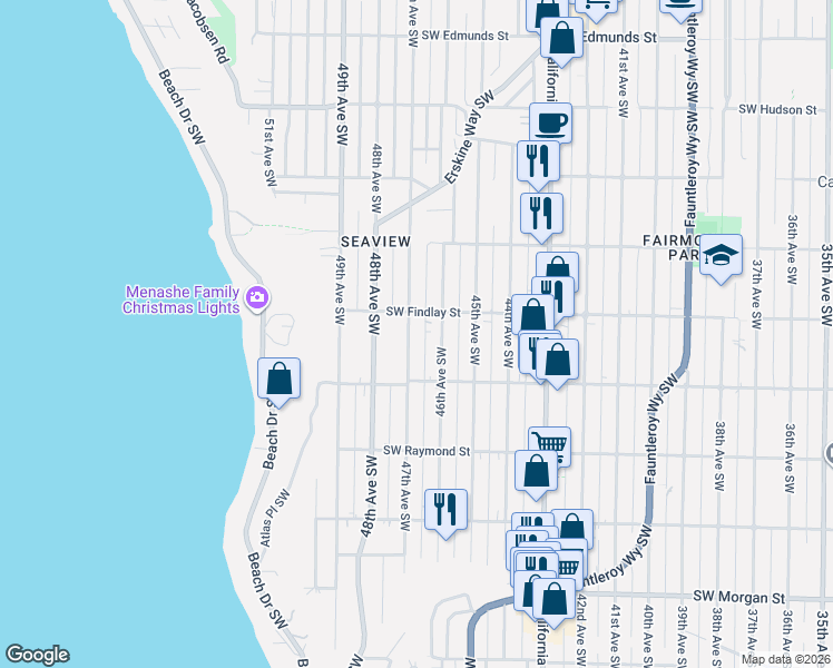 map of restaurants, bars, coffee shops, grocery stores, and more near 5623 47th Avenue Southwest in Seattle