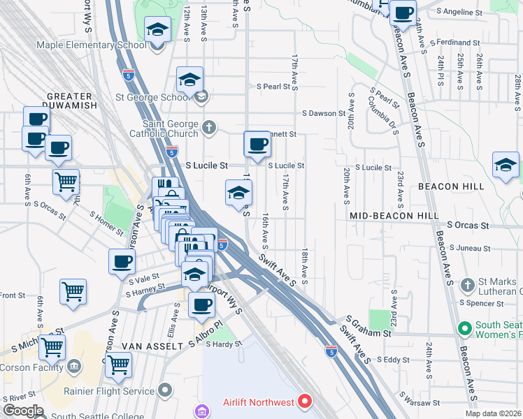 map of restaurants, bars, coffee shops, grocery stores, and more near 5566 15th Avenue South in Seattle