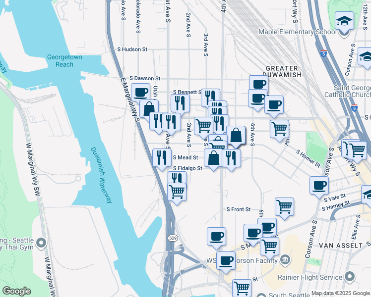 map of restaurants, bars, coffee shops, grocery stores, and more near 177 South Orcas Street in Seattle