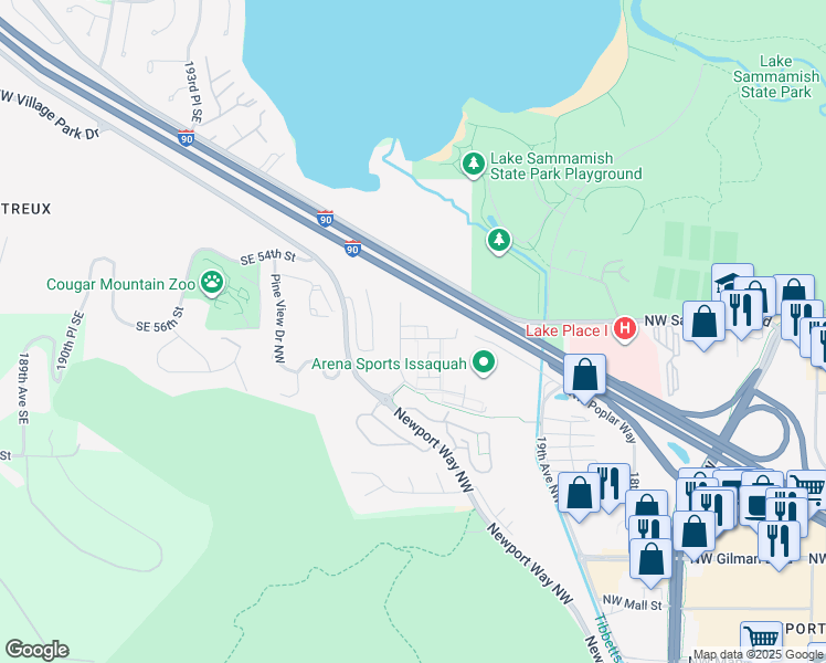 map of restaurants, bars, coffee shops, grocery stores, and more near 2112 Northwest Steelrake Place in Issaquah