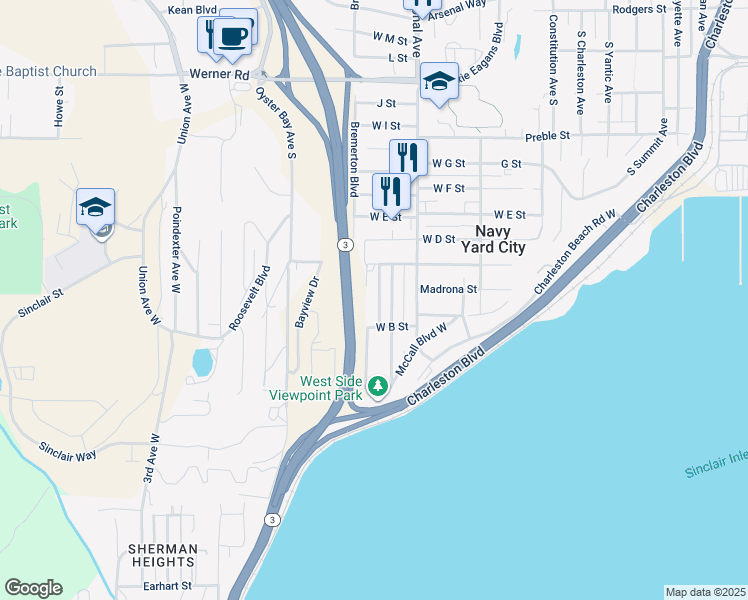 map of restaurants, bars, coffee shops, grocery stores, and more near 1129 Dill Way West in Bremerton