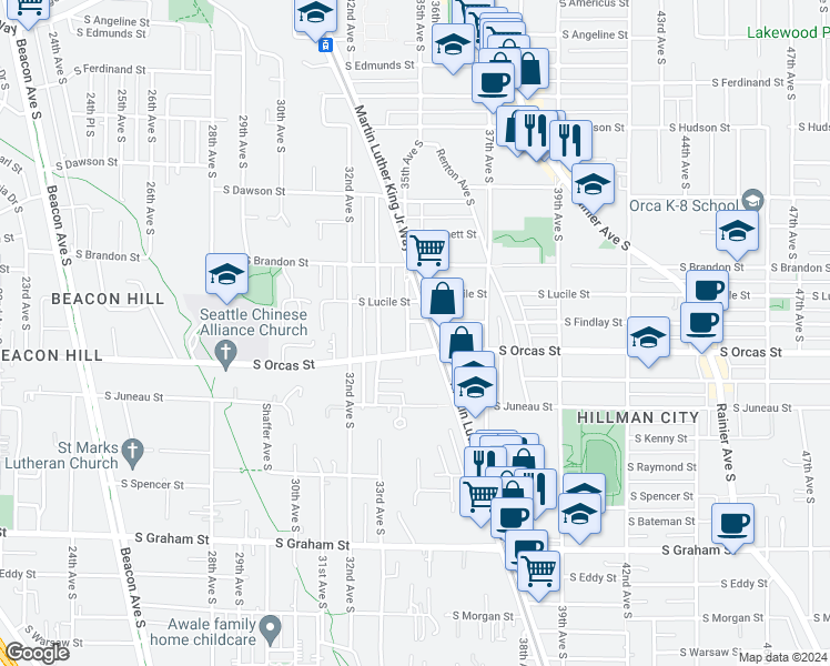 map of restaurants, bars, coffee shops, grocery stores, and more near 5601 Martin Luther King Junior Way South in Seattle