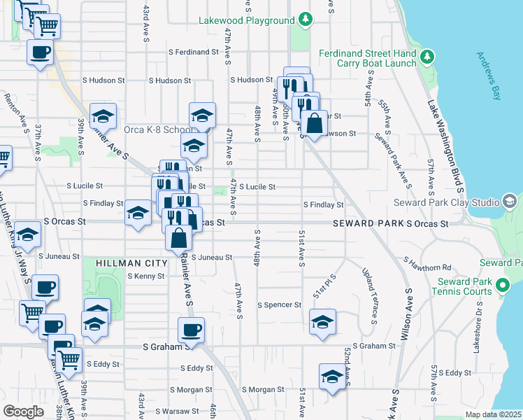 map of restaurants, bars, coffee shops, grocery stores, and more near 4800 South Orcas Street in Seattle