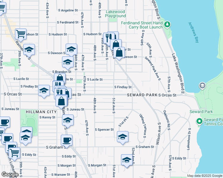 map of restaurants, bars, coffee shops, grocery stores, and more near 4838 South Orcas Street in Seattle