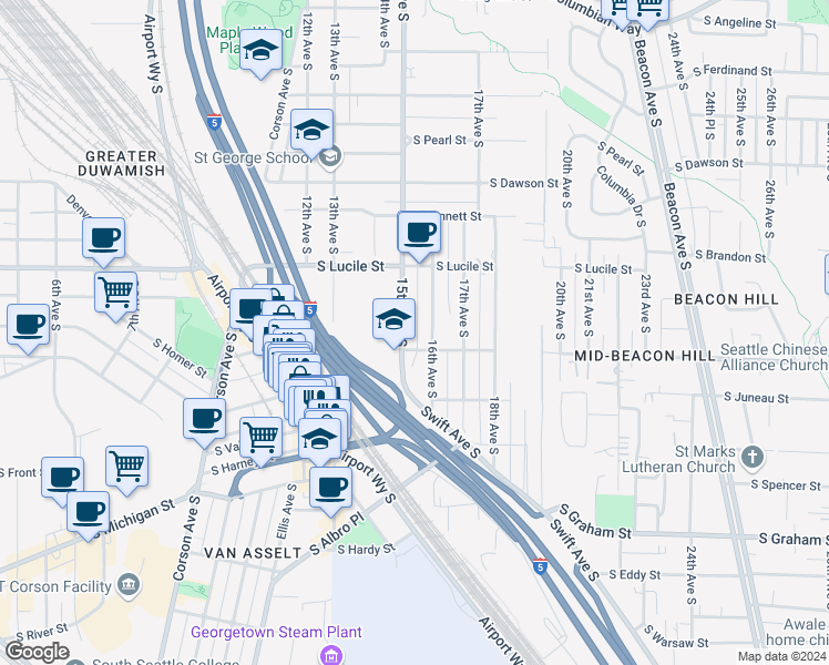 map of restaurants, bars, coffee shops, grocery stores, and more near 5558 15th Avenue South in Seattle